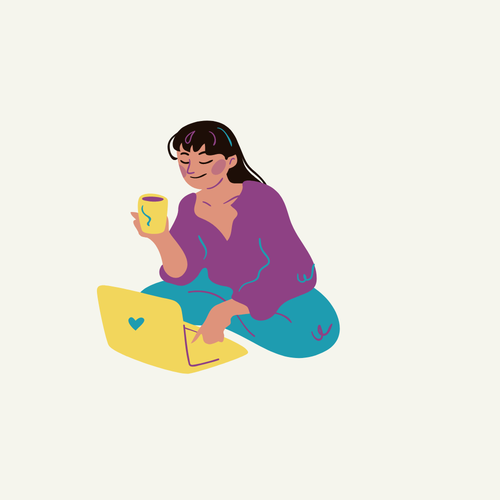 Illustration of a woman drinking coffee while using a laptop on the floor